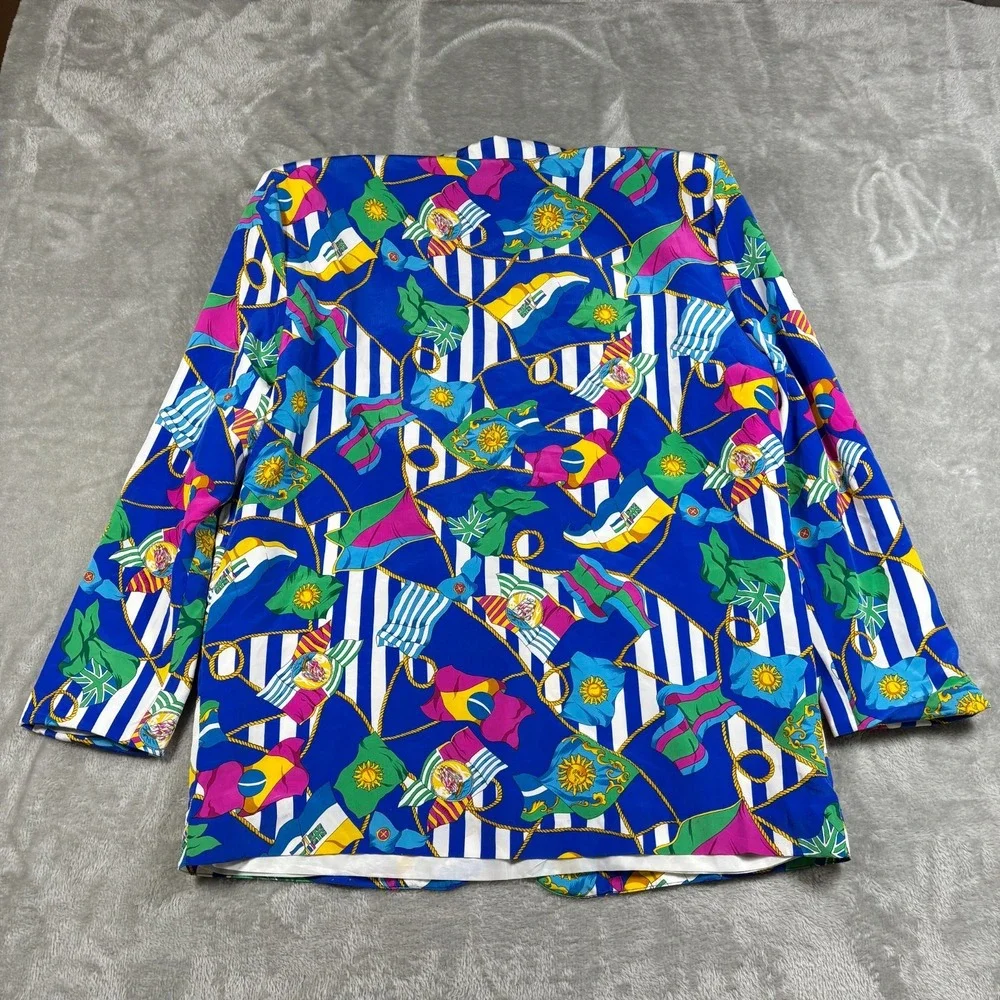 Vintage Jordana Blazer Women Large Blue Nautical Flag Striped Collar USA 80s 90s - Picture 2 of 8